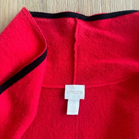 Chico’s Women’s Trimmed Traci Drape-front Cardigan Solid Red Wool Size 2 Sweater - Picture 11 of 12